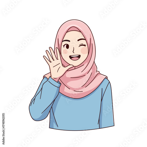 Friendly Muslim Woman in Pink Hijab Winking and Waving