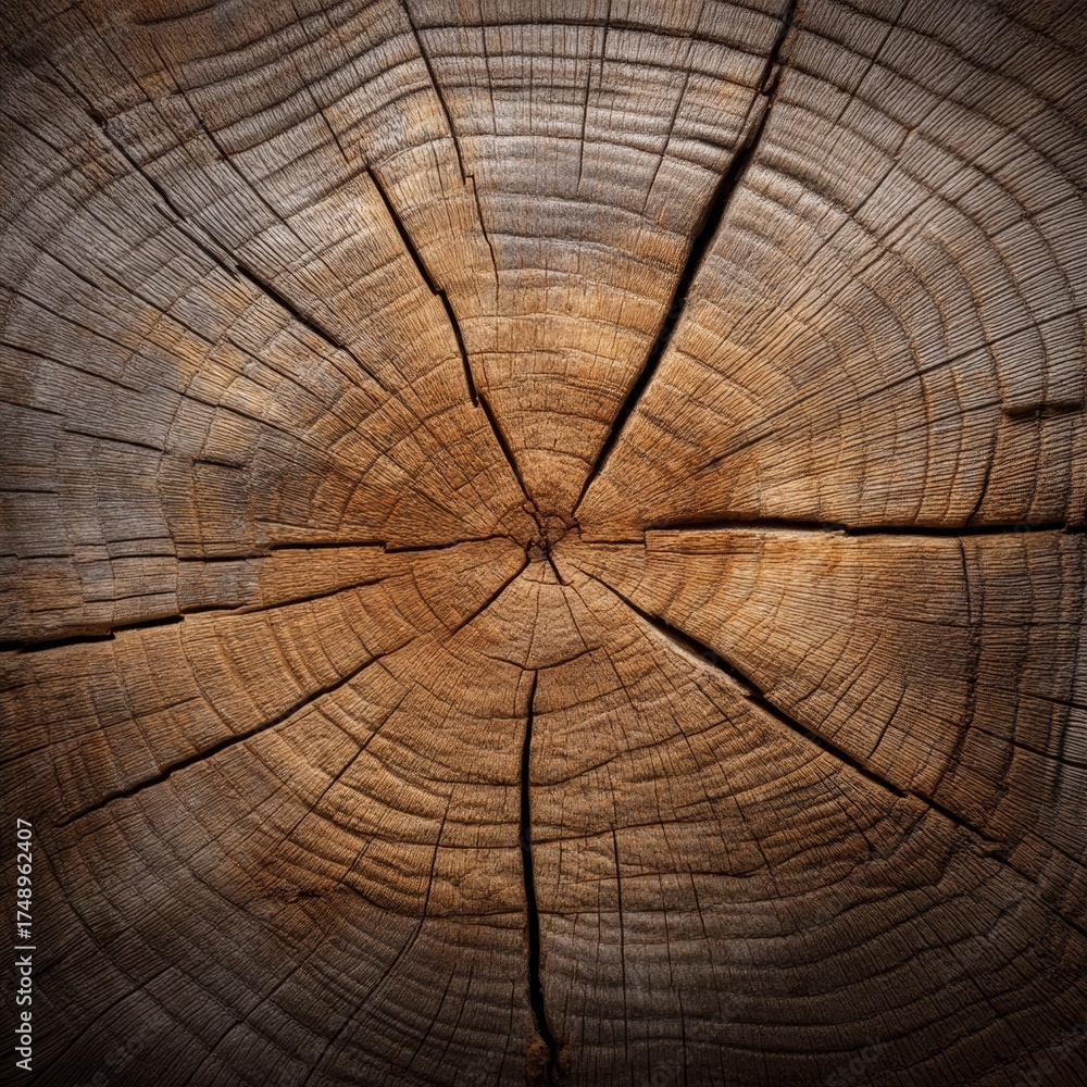 Fototapeta premium Close-up of natural wood texture with detailed tree rings and cracks, showing the organic pattern and aging process of timber, perfect for background or design material 