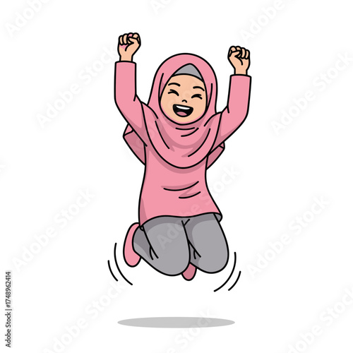 Excited Muslim Woman in Hijab Leaping with Joyful Arms, Happiness and Freedom Vector