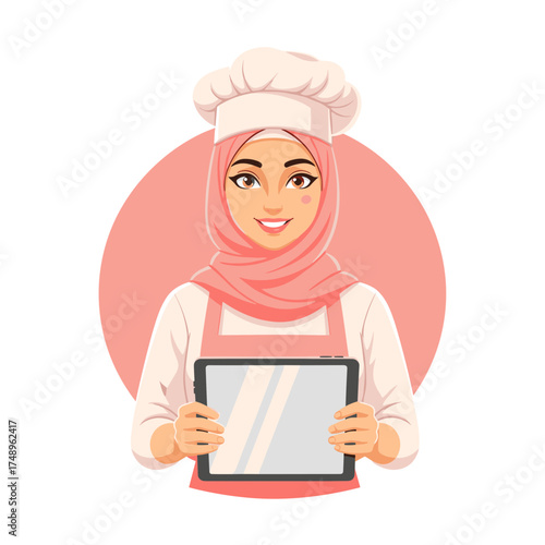 Muslim Female Chef in Hijab Showing Tablet with Blank Screen, Digital Recipe or Order Concept