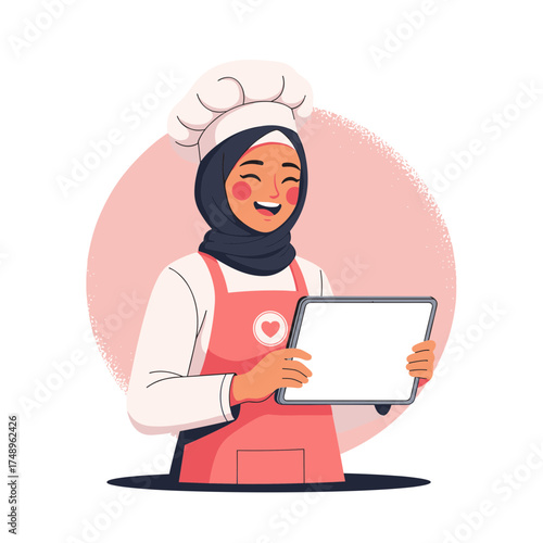 Muslim Chef Woman in Hijab with Heart Apron Holding Tablet, Modern Cooking Concept Vector