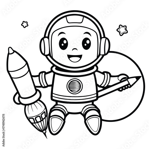 Intergalactic Adventure: Coloring a Friendly Robot Soaring Through Space