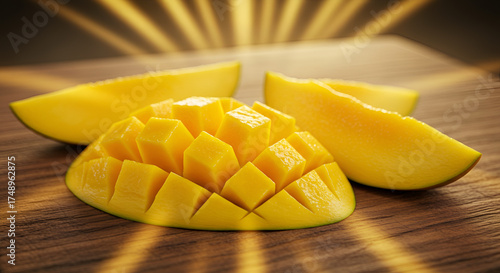 Mango slices arranged like sun rays on wooden surface, rustic tropical tone.