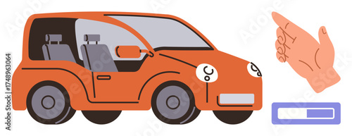 Orange car with visible seats illustrating efficient design, paired with a pointing hand and battery indicator. Ideal for technology, energy, environment, innovation, mobility, transportation