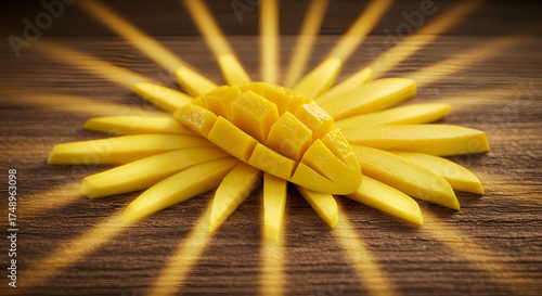 Mango slices arranged like sun rays on wooden surface, rustic tropical tone.