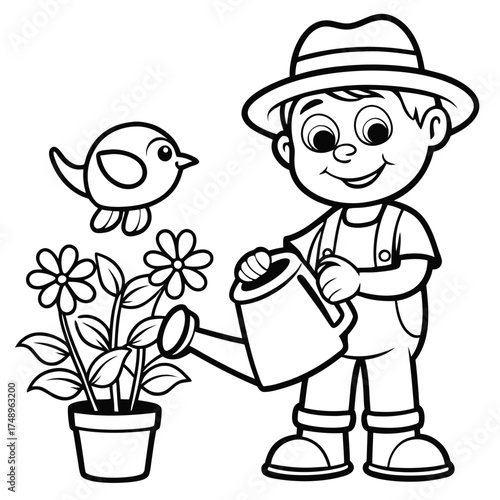 Gardener Watering Flowers Coloring Page with a Watering Can