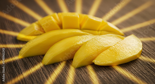 Mango slices arranged like sun rays on wooden surface, rustic tropical tone.