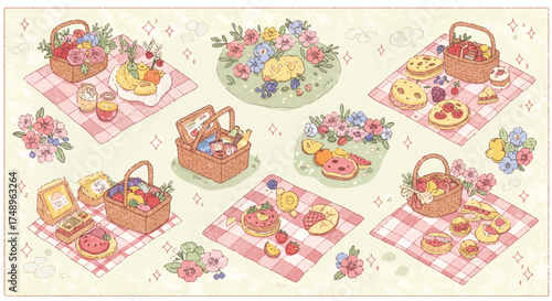 An illustration of various picnic scenes featuring baskets filled with flowers, fruits, and pastries, arranged on checkered blankets with floral accents.