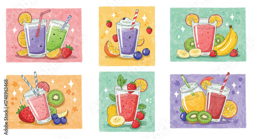 Six colorful, hand-drawn illustrations of fruit smoothies in plastic cups with straws, surrounded by fresh fruit slices and berries on textured backgrounds.