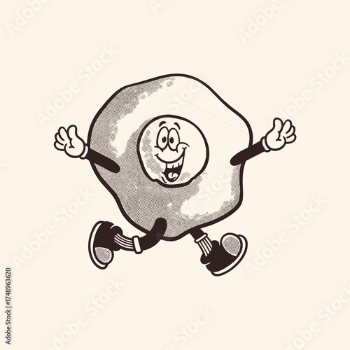 Groovy egg breakfast character in retro cartoon. Mascot, vector, icon, colection, sticker, vintage, illustration, set, funny, logo, comic, vintage, line art, logo, coloring book