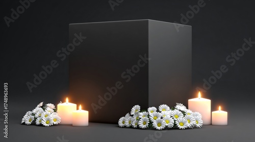 Solemn tribute with burning candles and delicate white daisies surrounding a dark, minimalist pedestal, evoking remembrance and peaceful reflection.