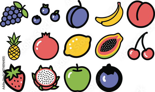 Vibrant collection of delicious fruit icons perfect for healthy food projects