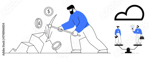 Man mining coins from rocks with a pickaxe, scalable comparison of teamwork and innovation, and cloud storage. Ideal for finance, teamwork, technology, innovation, labor, decision-making simple flat