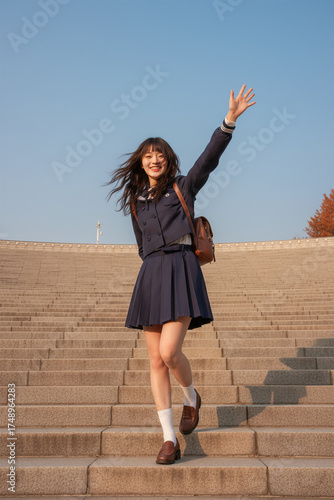 Friendly High School Girl Saying Hello, Youthful Student Looking at Camera, Girl in Uniform Walking to School
