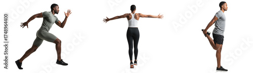 Athletic man doing running sprint exercise and stretching leg muscles for warm up and cool down routine on transparent background