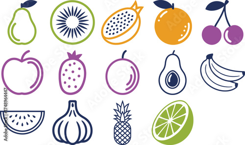 Vibrant assortment of fruit icons for packaging design or healthy food blog