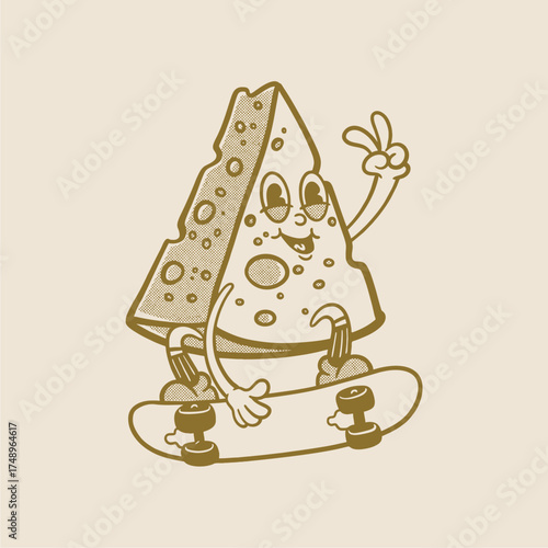 Groovy cheese breakfast character in retro cartoon. Mascot, vector, icon, colection, sticker, vintage, illustration, set, funny, logo, comic, vintage, line art, logo