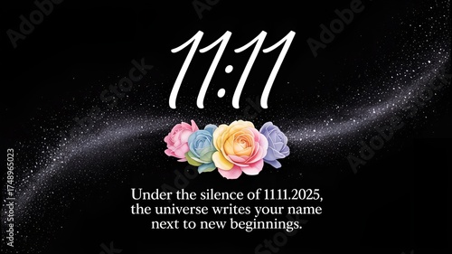 Inspirational 11.11.2025 quote design with glowing galaxy swirl, stars, and colorful roses symbolizing new beginnings and universal alignment.
