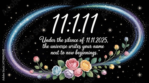 Inspirational 11.11.2025 quote design with glowing galaxy swirl, stars, and colorful roses symbolizing new beginnings and universal alignment.