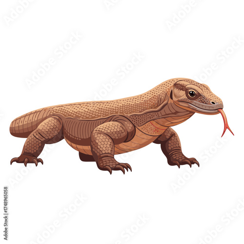 Dynamic Komodo dragon full-body illustration, showing its powerful stance and characteristic tongue flicking motion.