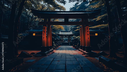 Traditional Japanese shrine gate in mystical forest atmosphere