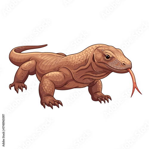 Realistic Komodo dragon illustration in a sturdy walking pose, capturing its detailed scales and exploring tongue.