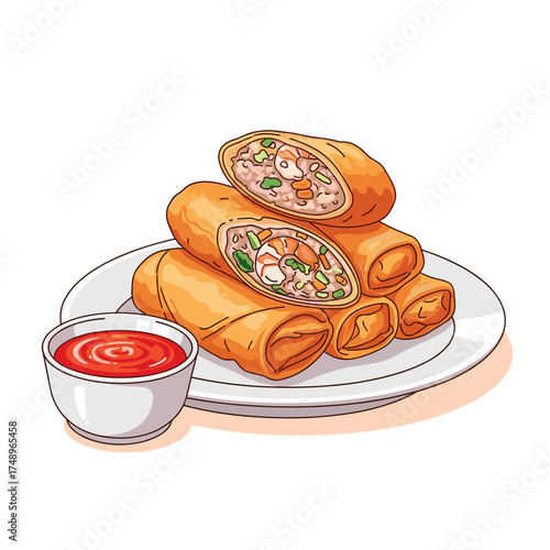 Crispy Fried Spring Rolls with Dipping Sauce Asian Appetizer Vector Illustration