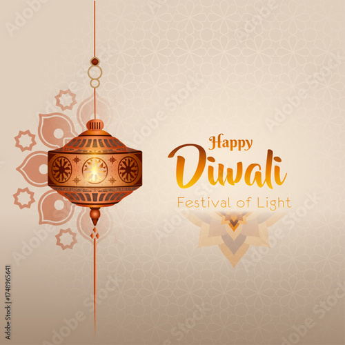 happy diwali greetings card design with lanterns and decorative background
