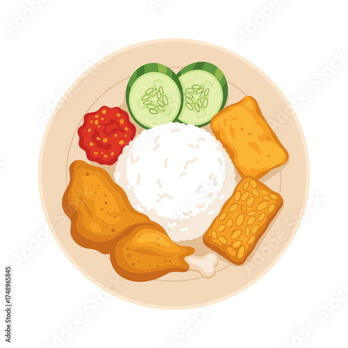 Nasi Ayam Penyet Illustration with Boneless Fried Chicken, Tempeh, Rice, and Spicy Sambal