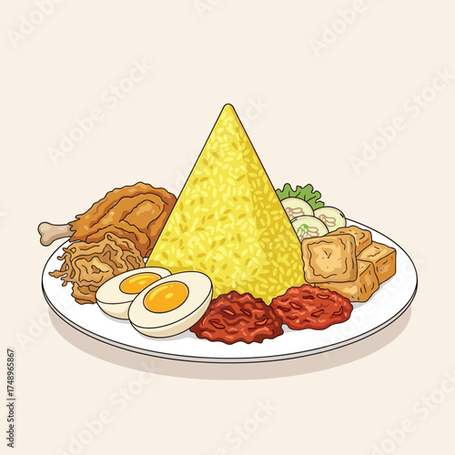 Elaborate Nasi Tumpeng Illustration with Yellow Cone Rice, Fried Chicken, Eggs, Tofu, and Sambal