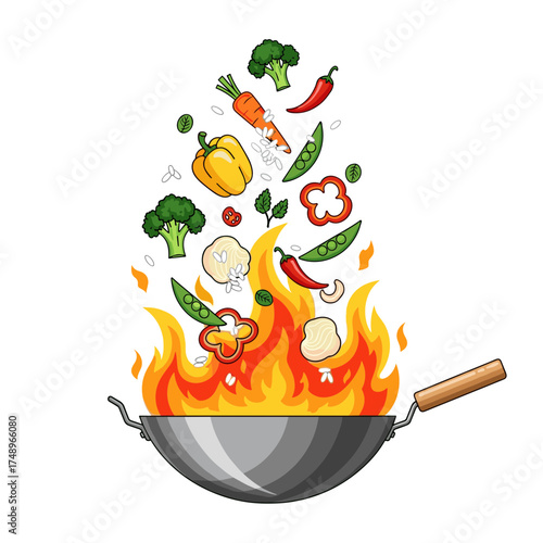 Fiery Wok Stir-fry Scene with Fresh Vegetables, Chili, Garlic, and Rice Soaring from the Hot Pan