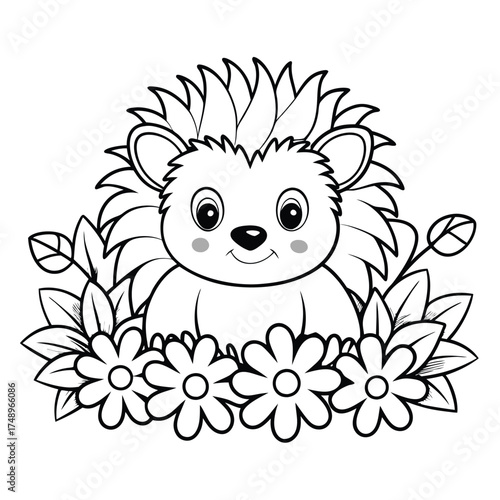 Printable Coloring Page Featuring a Hedgehog Camouflaged Amidst Beautiful Flowers
