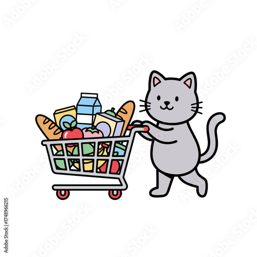 Cute Cartoon Cat Pushing Loaded Shopping Cart with Groceries for Retail
