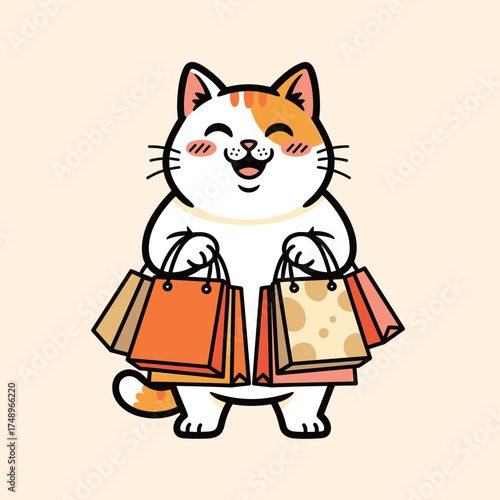 Smiling Calico Cartoon Cat Holding Many Shopping Bags for Retail Purchase