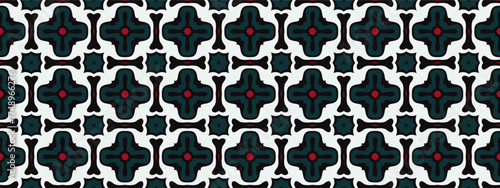 An Intricate Geometric Pattern Featuring Cross-Shaped Motifs and Interconnecting Bone-Like Shapes with Subtle Red Accents