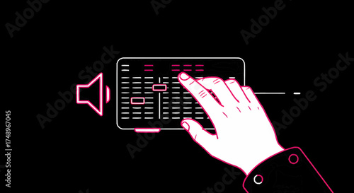Vibrant neon illustration of a hand adjusting sound levels on a digital mixer, embodying the concept of creative music production, sound engineering, and acoustic control for media