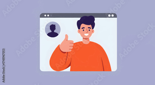 Digital approval and user satisfaction A friendly young man gives a thumbs up within a web browser, illustrating positive online feedback, successful interaction, or successful social media engagement