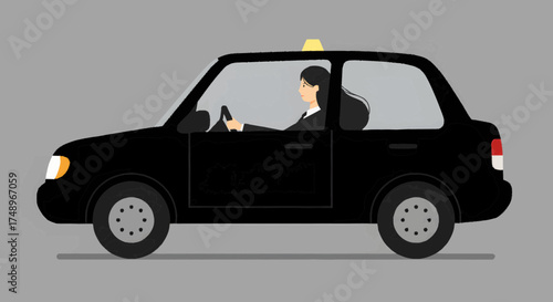 Professional female taxi driver navigating urban streets in a black cab, providing essential city transportation and modern mobility services