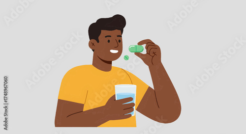 An animated illustration of a smiling man taking a green pill with a glass of water.