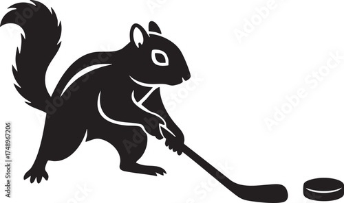 Black Silhouette Squirrel Playing Hockey (With Puck) – Playful Sport Animal Illustration