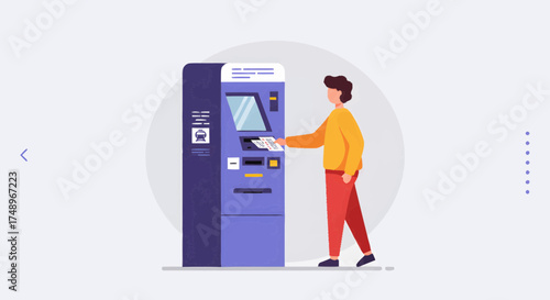 A person using a modern purple self-service payment or ticket machine.