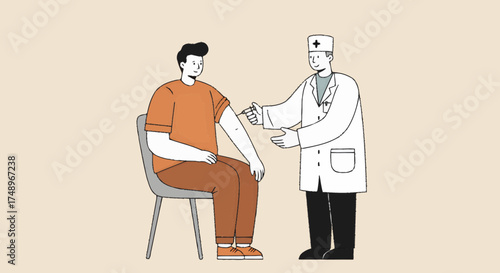 A doctor administers a vaccine injection to a man's arm in a medical setting.