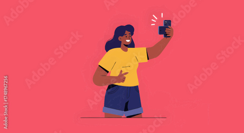 Smiling cartoon woman taking a selfie with her smartphone and giving a thumbs-up gesture on a red background.
