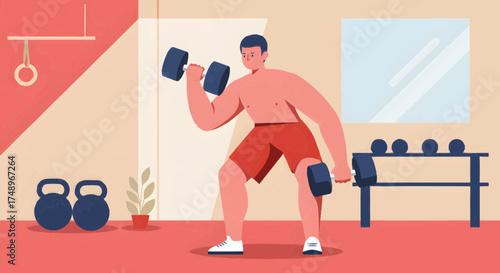 An illustrated man performing dumbbell exercises in a modern gym with fitness equipment.