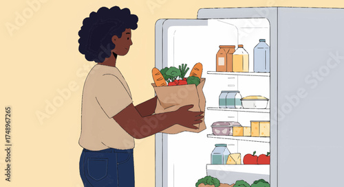 A person with dark curly hair unpacks a paper bag full of fresh groceries into a well-stocked refrigerator at home.