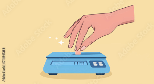 A hand placing a small, shiny object onto a blue digital weighing scale for precise measurement.