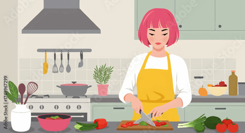 A woman with pink hair in a yellow apron is chopping fresh vegetables on a cutting board in a modern kitchen.