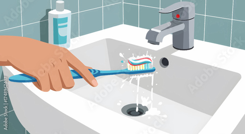 A person's hand holds a blue toothbrush with toothpaste under running water in a white bathroom sink, preparing for dental hygiene.