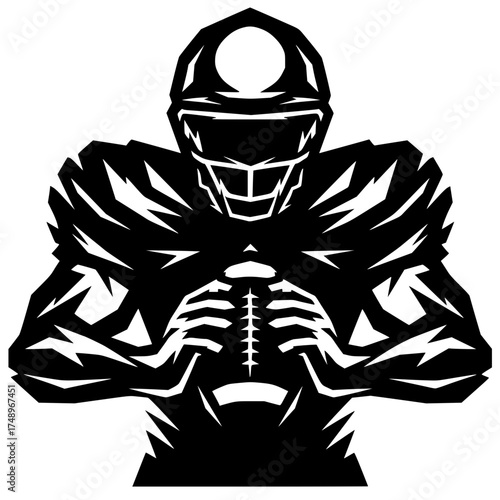 American football player with helmet holding ball silhouette. Athletic quarterback in protective gear front view.