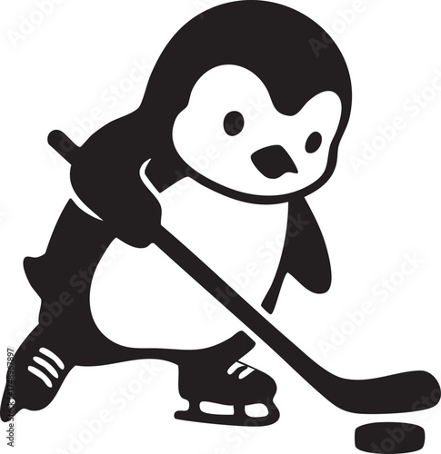 Cute cartoon penguin playing ice hockey